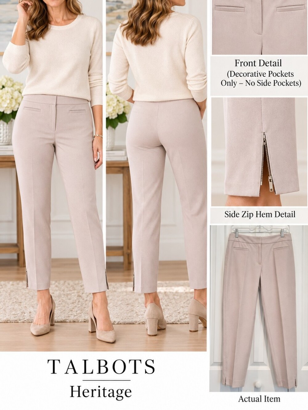 Talbots Heritage Ankle Pants 8P Petite Beige Stretch Zip Hem 32x28